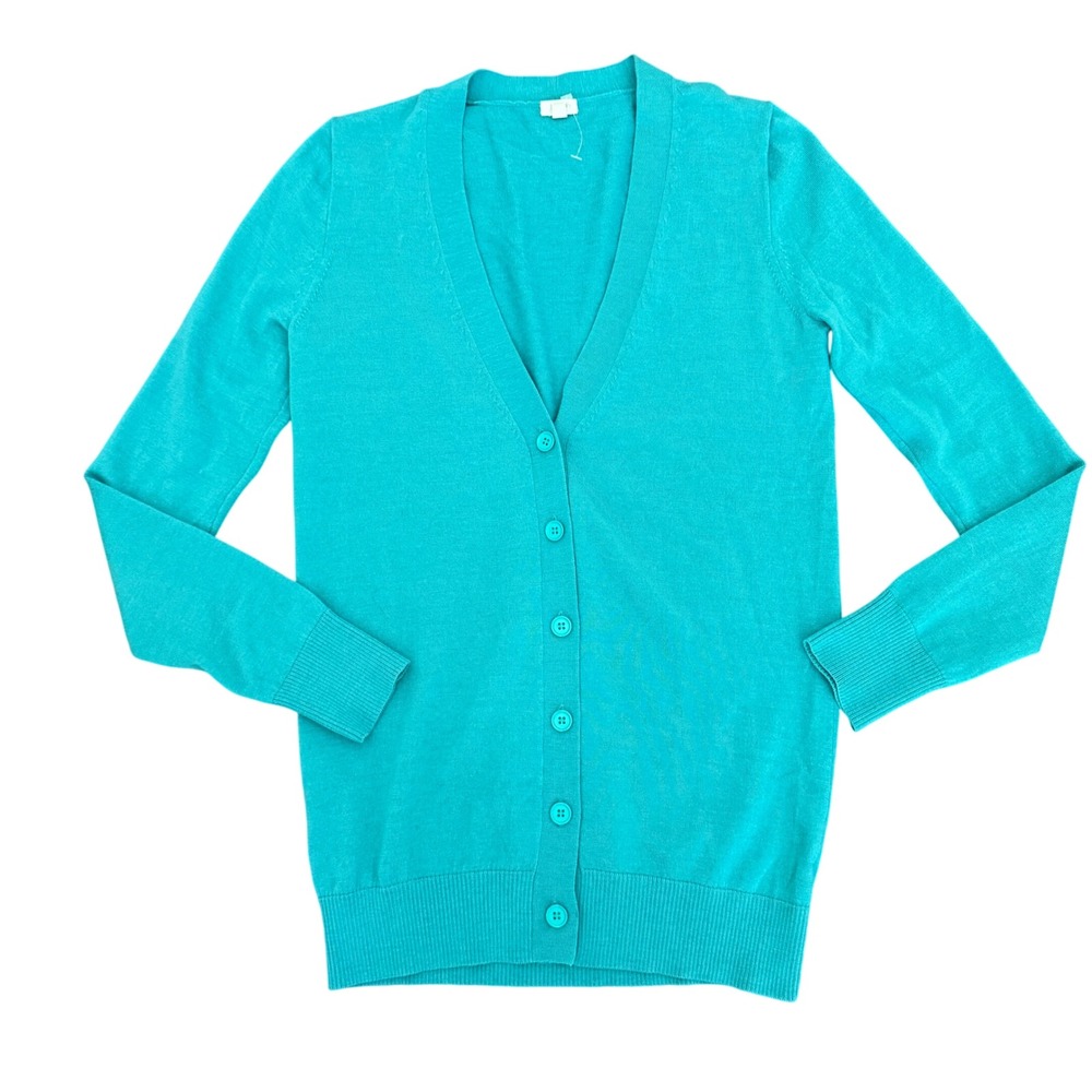 J. Crew XS Cardigan Sweater‎ 100% Merino Wool Teal Green Classic Knitwear Flaw